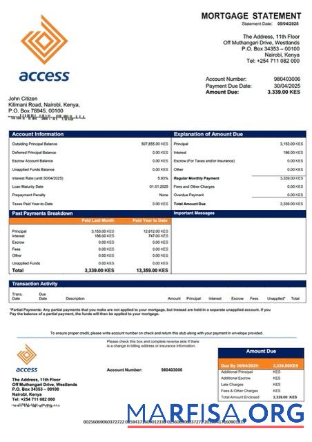 Downloadable Kenya Access Bank mortgage statement Word and PDF template